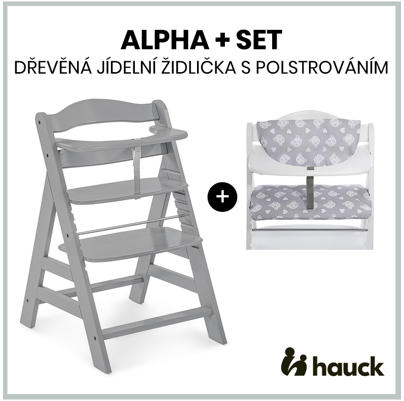 Hauck alpha+ set 2v1 dřevěná židle, grey + polstrování teddy grey