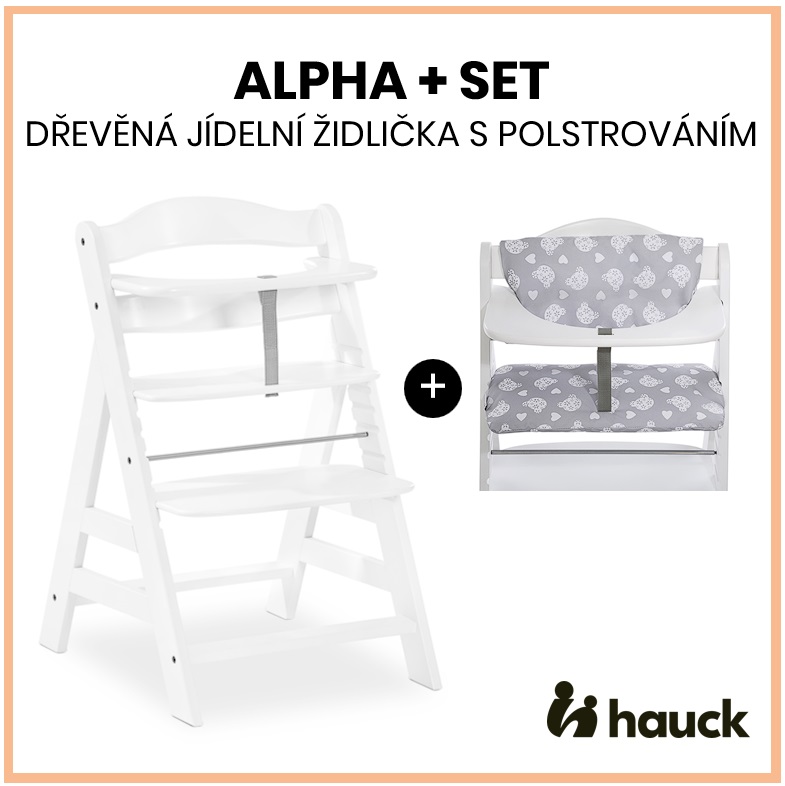 Hauck alpha+ set 2v1 dřevěná židle, white + polstrování teddy grey