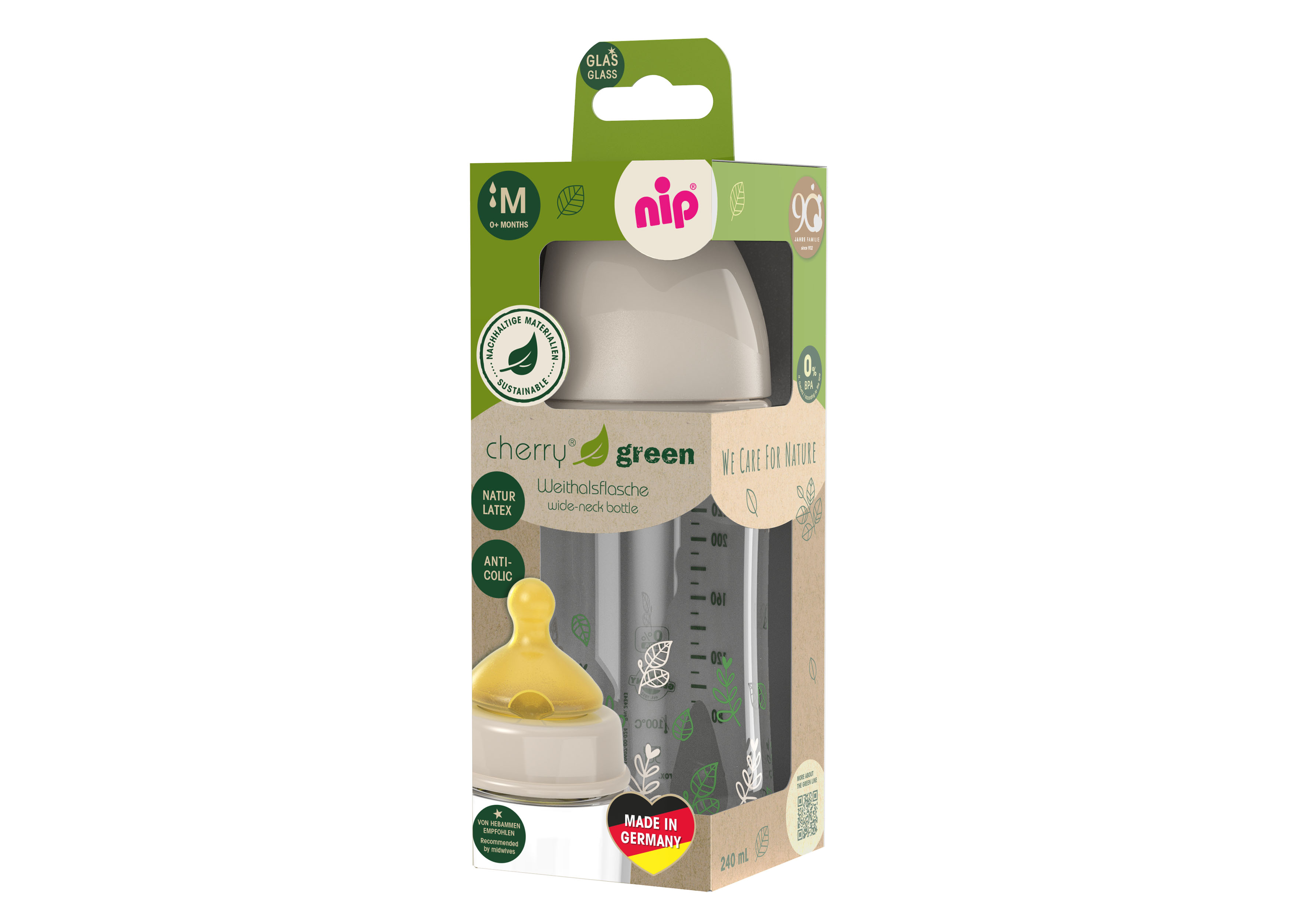 NIP CHERRY GREEN láhev sklo,široká, kaučuk-M,240ml,holka xx