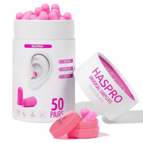 Haspro Universal špunty do uší, pěnové, 50 párů / 100ks, růžové