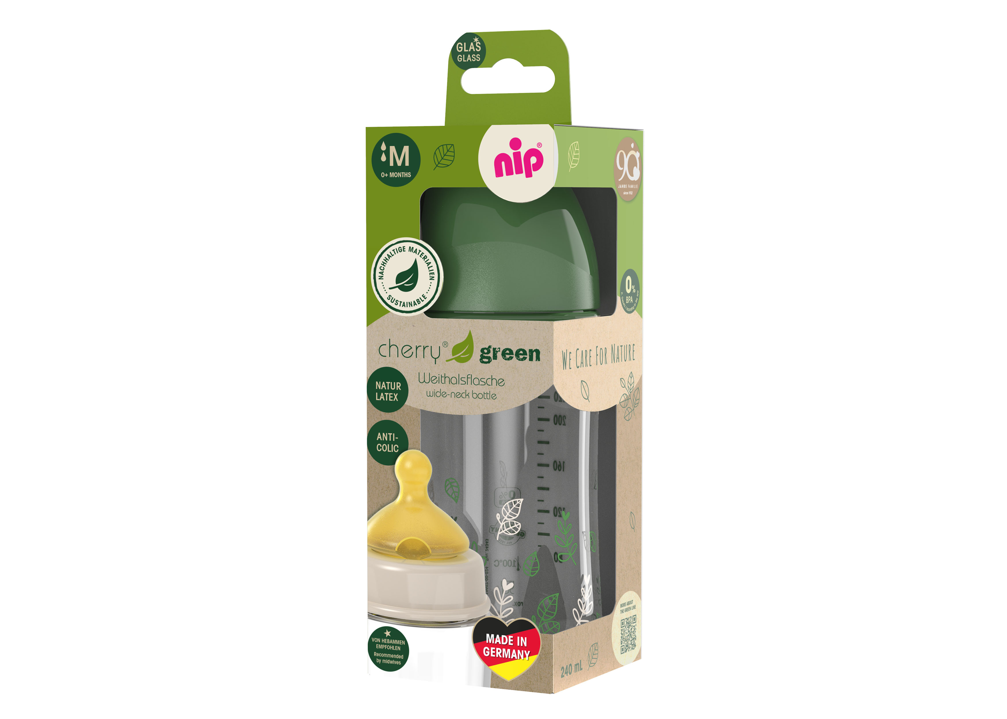 NIP CHERRY GREEN láhev sklo,široká, kaučuk-M,240ml,kluk xx