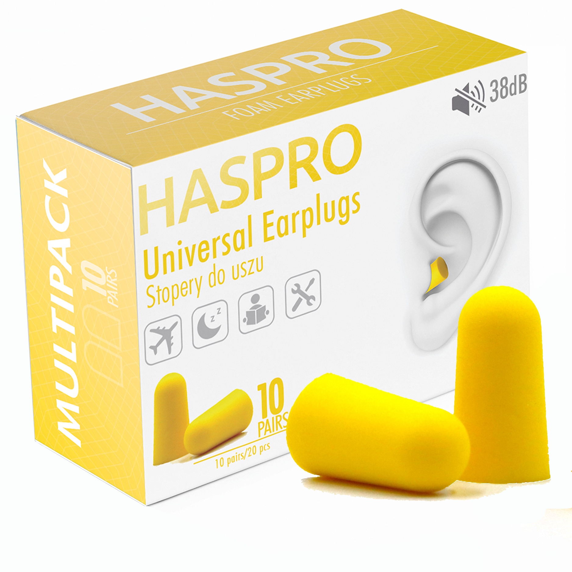 Haspro Universal špunty do uší, pěnové, 10 páru / 20ks, žluté